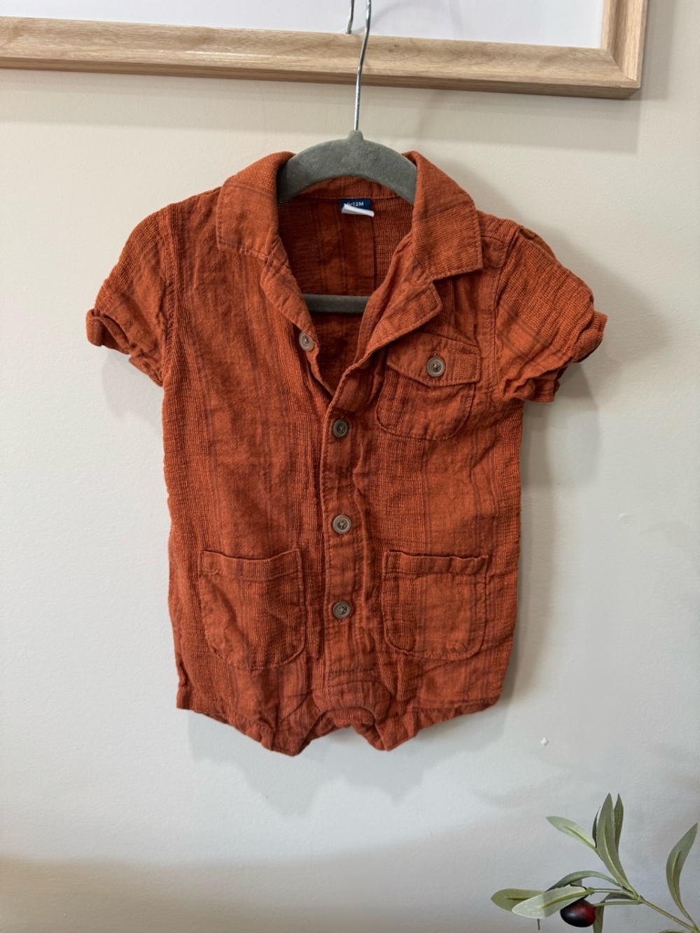 Old Navy Rust Orange Short-Sleeve Button Romper 6-12M